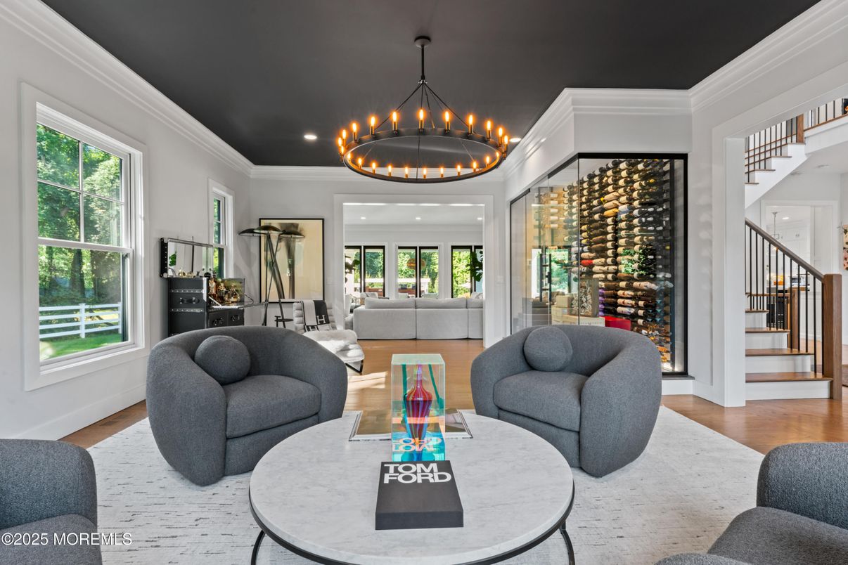 Interior, Living room, Pendant Lights, Recessed Lighting, Wine Storage, Wood Texture Flooring