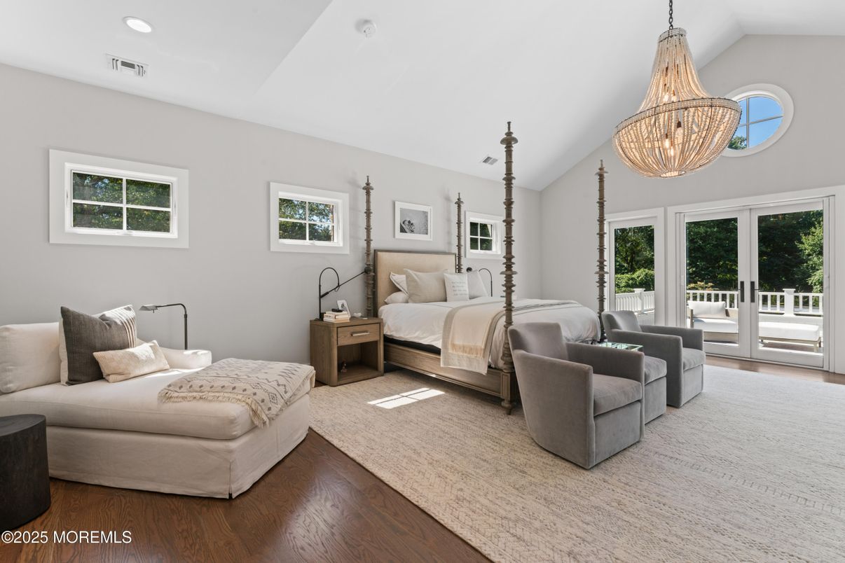 Bedroom, Chandelier, Interior, Recessed Lighting, Wood Texture Flooring