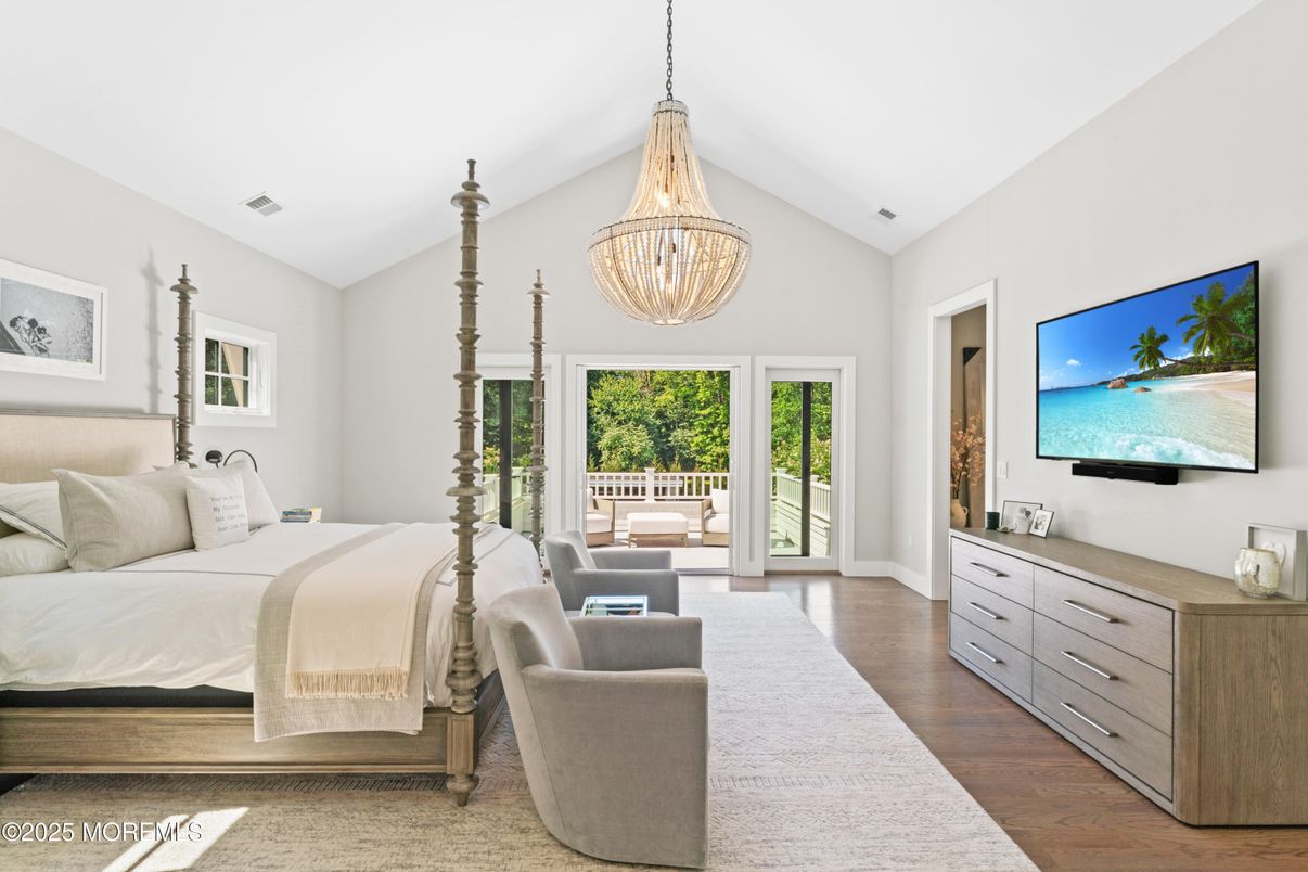 Bedroom, Chandelier, Interior, Wood Texture Flooring