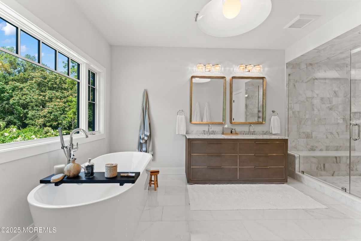 Bathroom, Dual Sink Vanities, Free Standing Baths, Glass Shower, Interior, Marble, Marble Walls