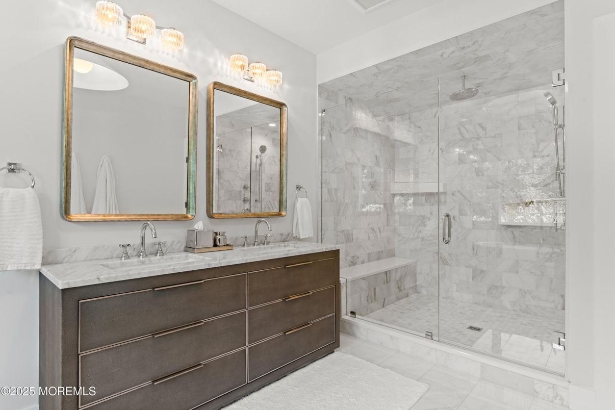 Bathroom, Dual Sink Vanities, Glass Shower, Interior, Marble Walls