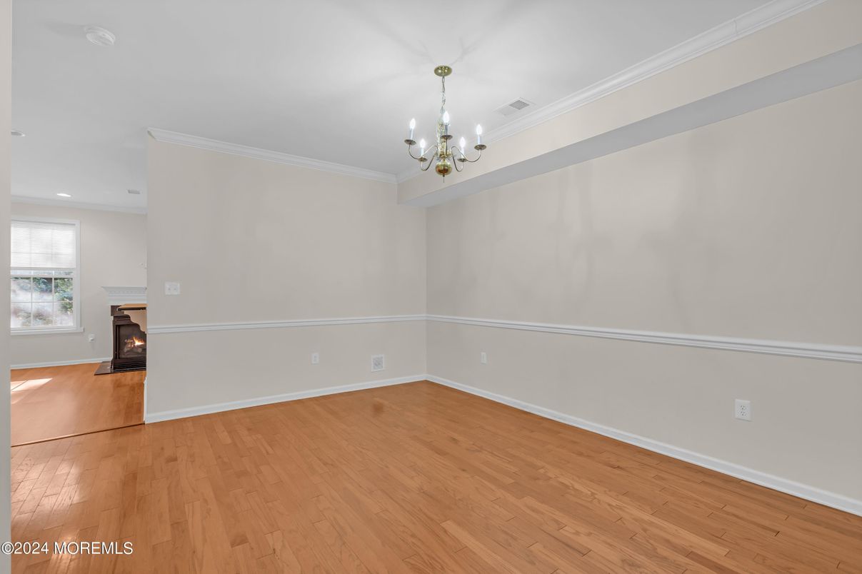 Chandelier, Empty room, Interior, Recessed Lighting, Wood Texture Flooring