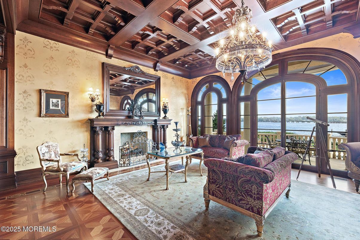 Chandelier, Fireplace, Interior, Living room, Water, Wooden Beams, Wood Texture Flooring