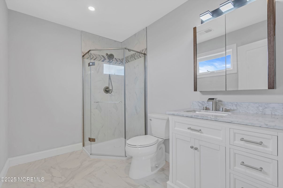 Bathroom, Glass Shower, Interior, Marble, Marble Walls, Recessed Lighting