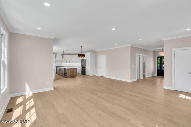 Empty room, Interior, Kitchen, Pendant Lights, Recessed Lighting, Wood Texture Flooring