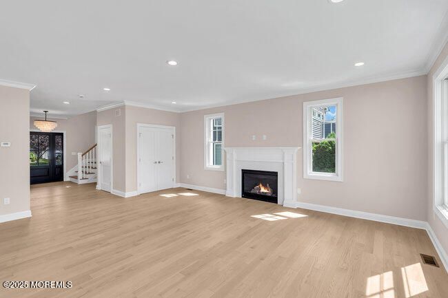 Empty room, Fireplace, Interior, Pendant Lights, Recessed Lighting, Wood Texture Flooring