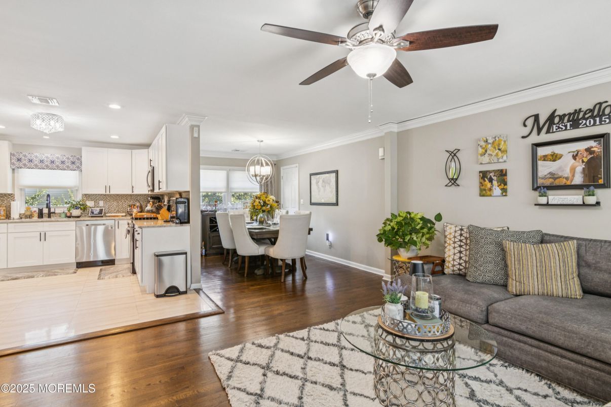 Dining room, Interior, Kitchen, Living room, Recessed Lighting, Stainless Steel Appliances, Wood Texture Flooring