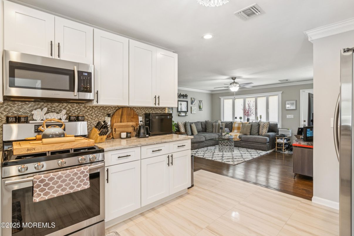 Interior, Kitchen, Living room, Recessed Lighting, Stainless Steel Appliances, Wood Texture Flooring
