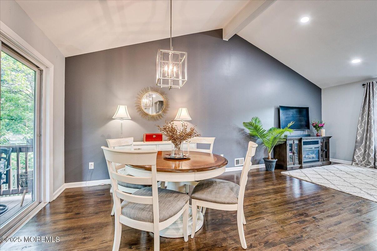 Dining room, Interior, Pendant Lights, Recessed Lighting, Wood Texture Flooring