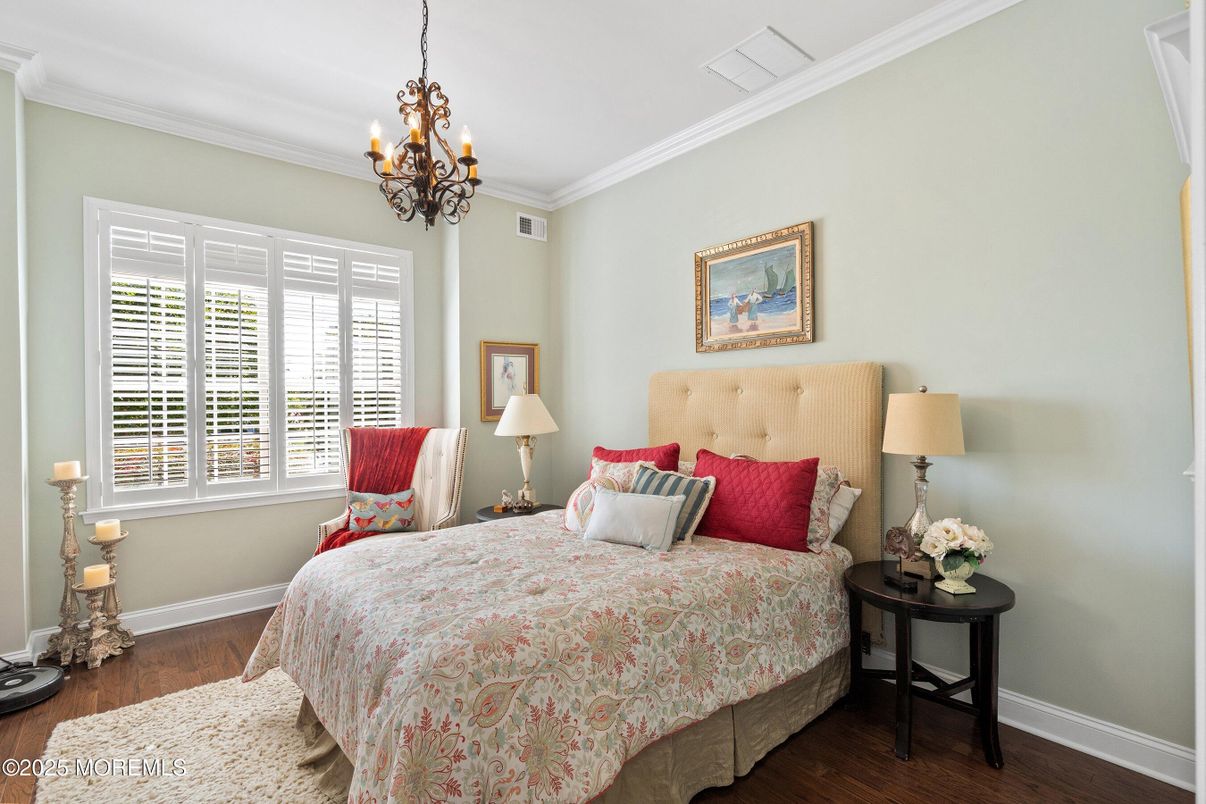 Bedroom, Chandelier, Interior, Wood Texture Flooring