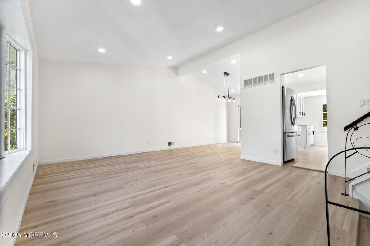 Empty room, Interior, Kitchen, Pendant Lights, Recessed Lighting, Wood Texture Flooring