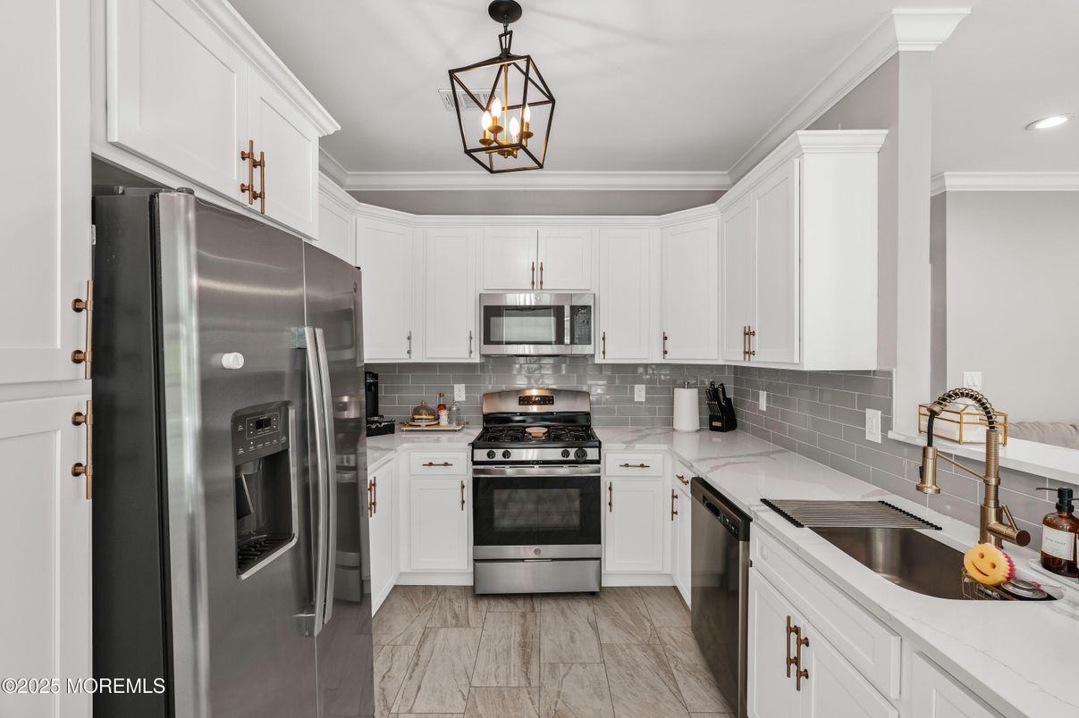 Interior, Kitchen, Marble, Pendant Lights, Recessed Lighting, Stainless Steel Appliances