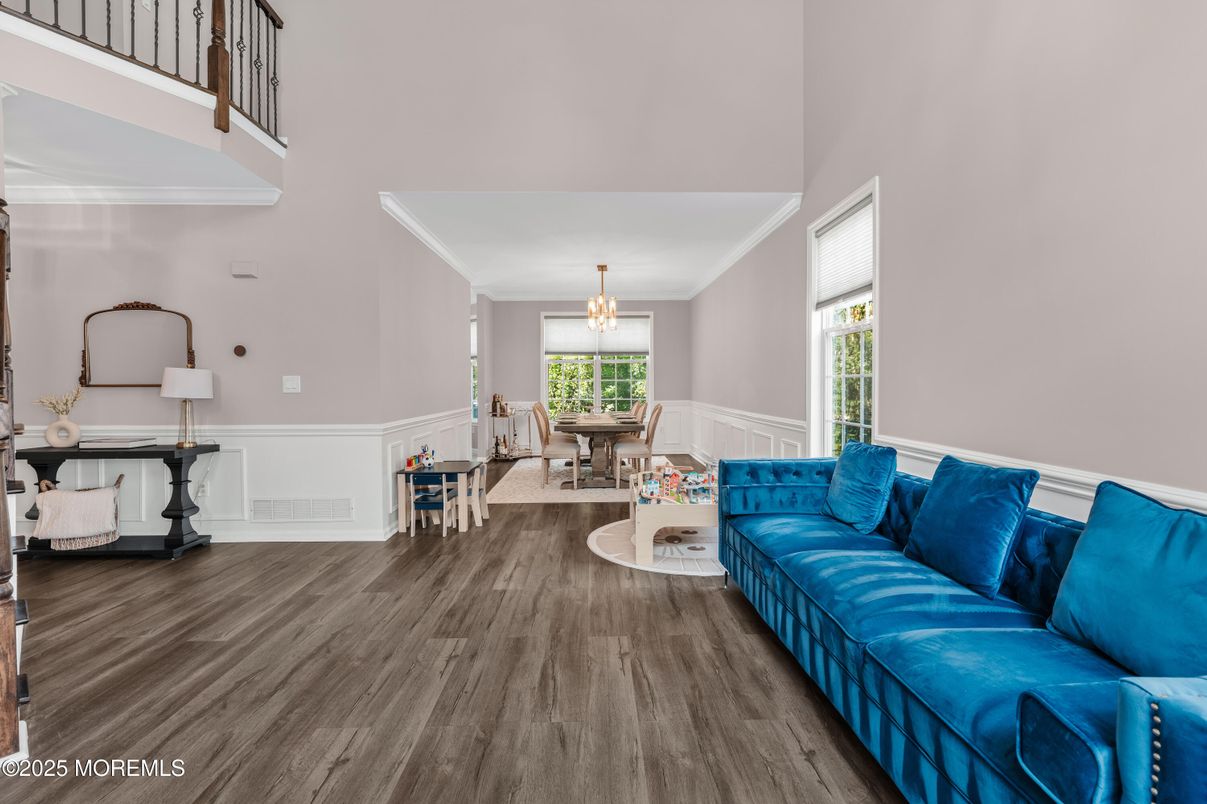 Dining room, Interior, Living room, Pendant Lights, Wood Texture Flooring