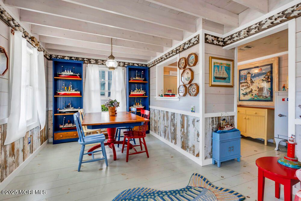 Dining room, Interior, Pendant Lights, Wood Texture Flooring