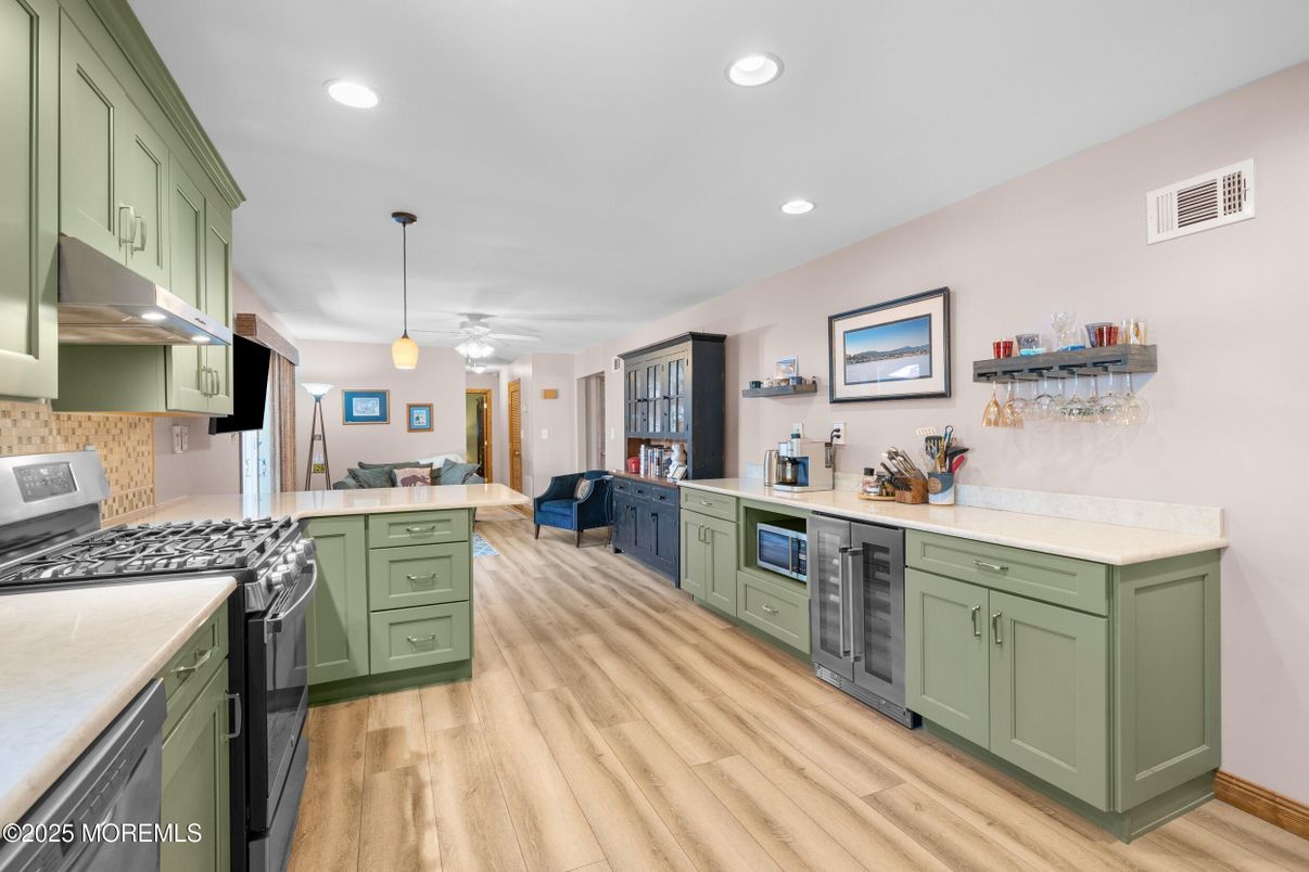 Interior, Kitchen, Pendant Lights, Recessed Lighting, Wood Texture Flooring