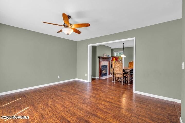 Dining room, Empty room, Fireplace, Interior, Pendant Lights, Wood Texture Flooring