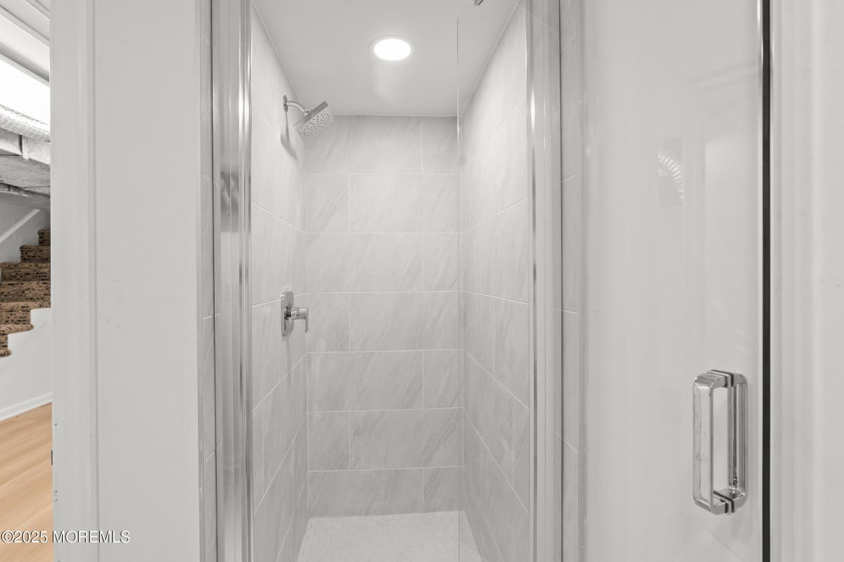 Bathroom, Glass Shower, Interior, Recessed Lighting, Wood Texture Flooring
