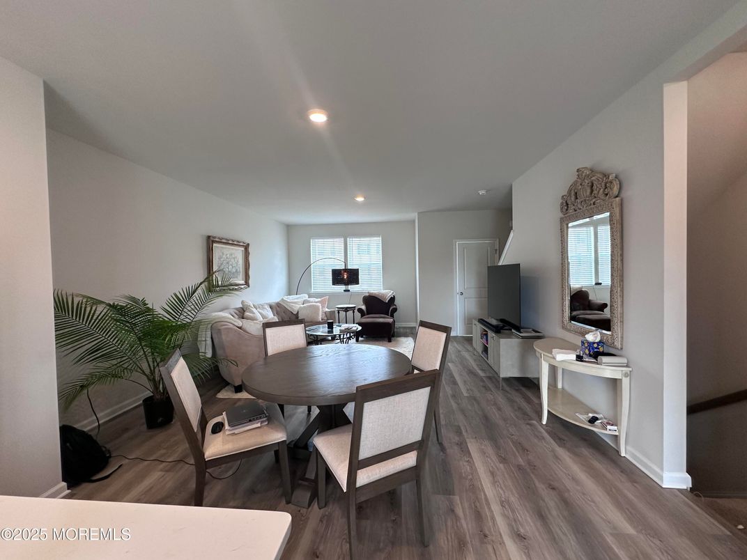 Dining room, Interior, Living room, Recessed Lighting, Wood Texture Flooring