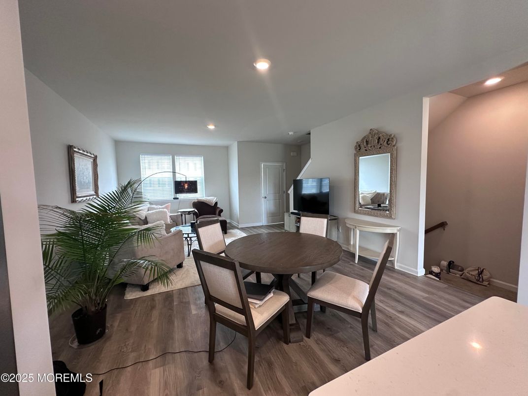 Dining room, Interior, Living room, Recessed Lighting, Wood Texture Flooring