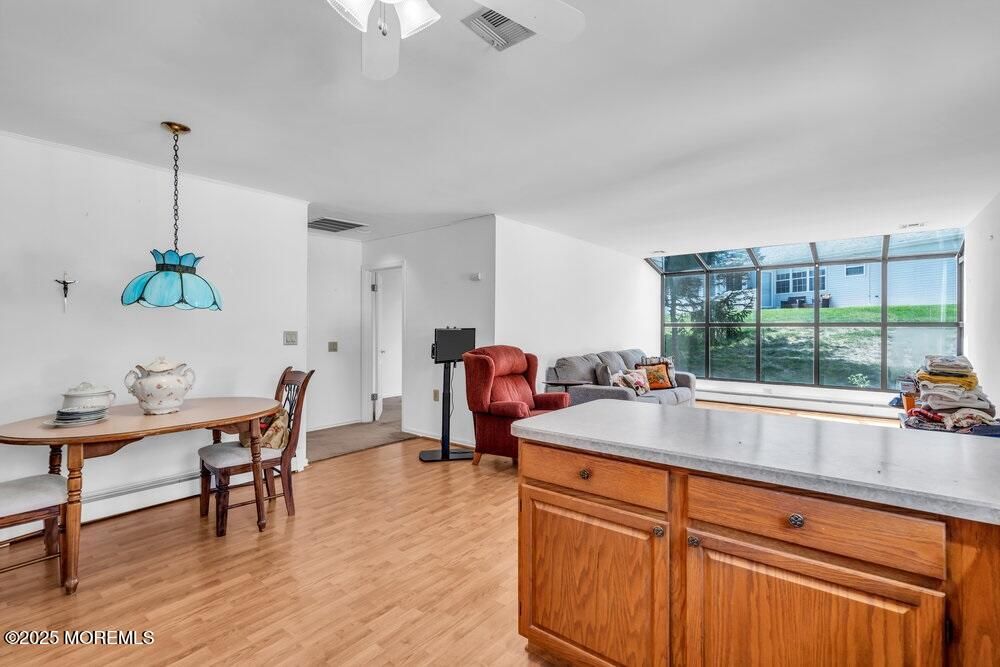 Dining room, Interior, Pendant Lights, Wood Texture Flooring