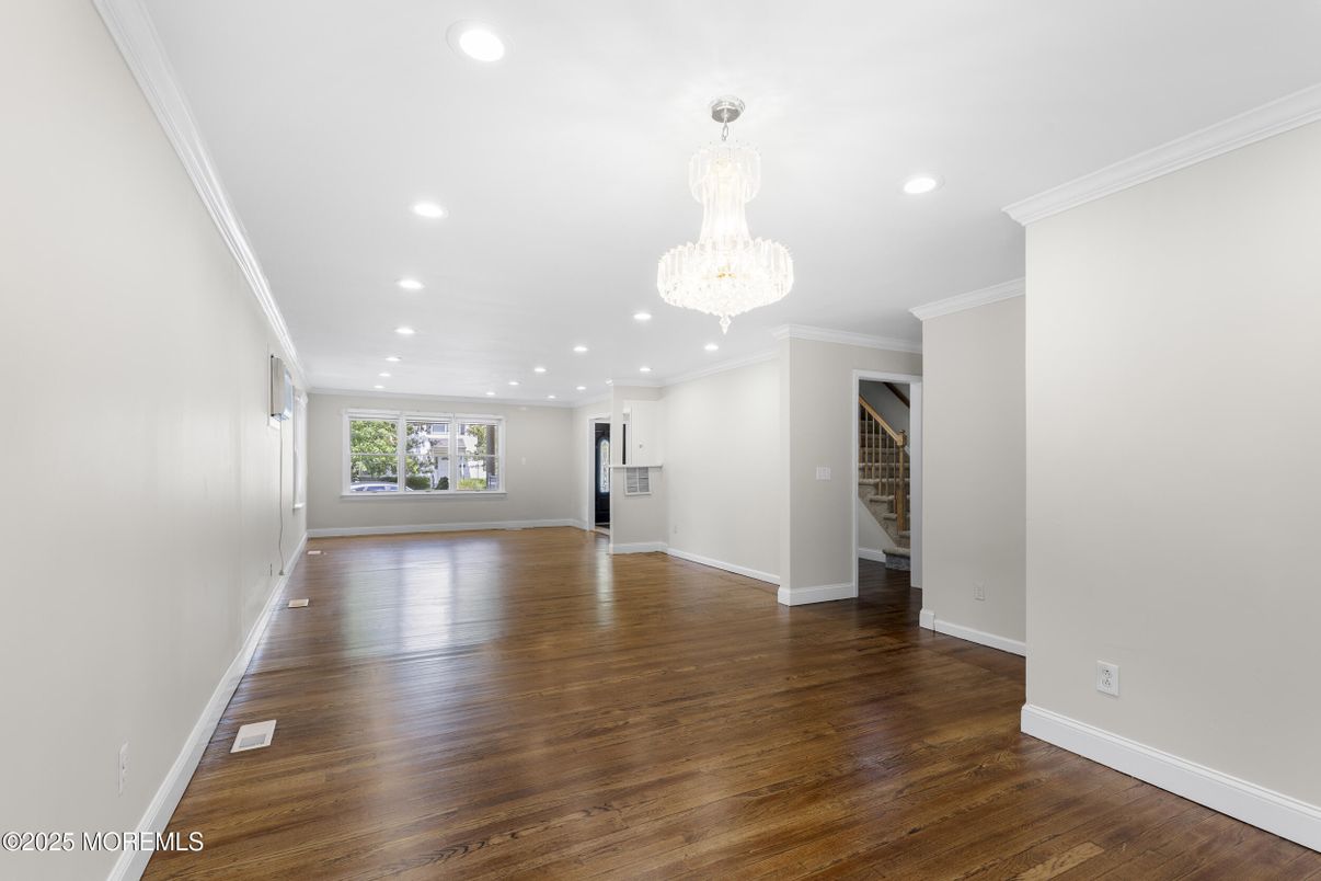 Chandelier, Empty room, Interior, Recessed Lighting, Wood Texture Flooring