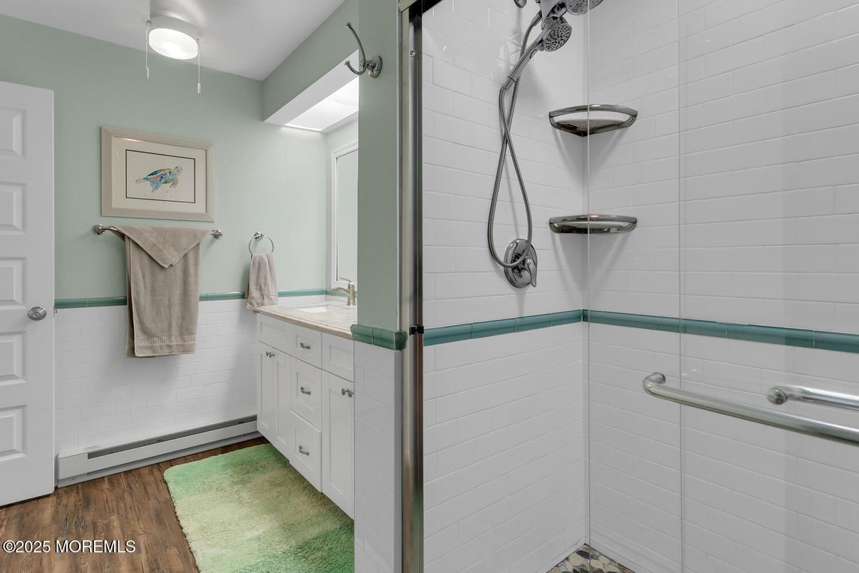 Bathroom, Glass Shower, Interior, Wood Texture Flooring