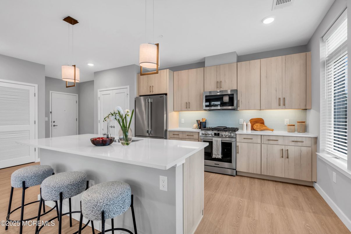 Interior, Kitchen, Pendant Lights, Recessed Lighting, Stainless Steel Appliances, Wood Texture Flooring