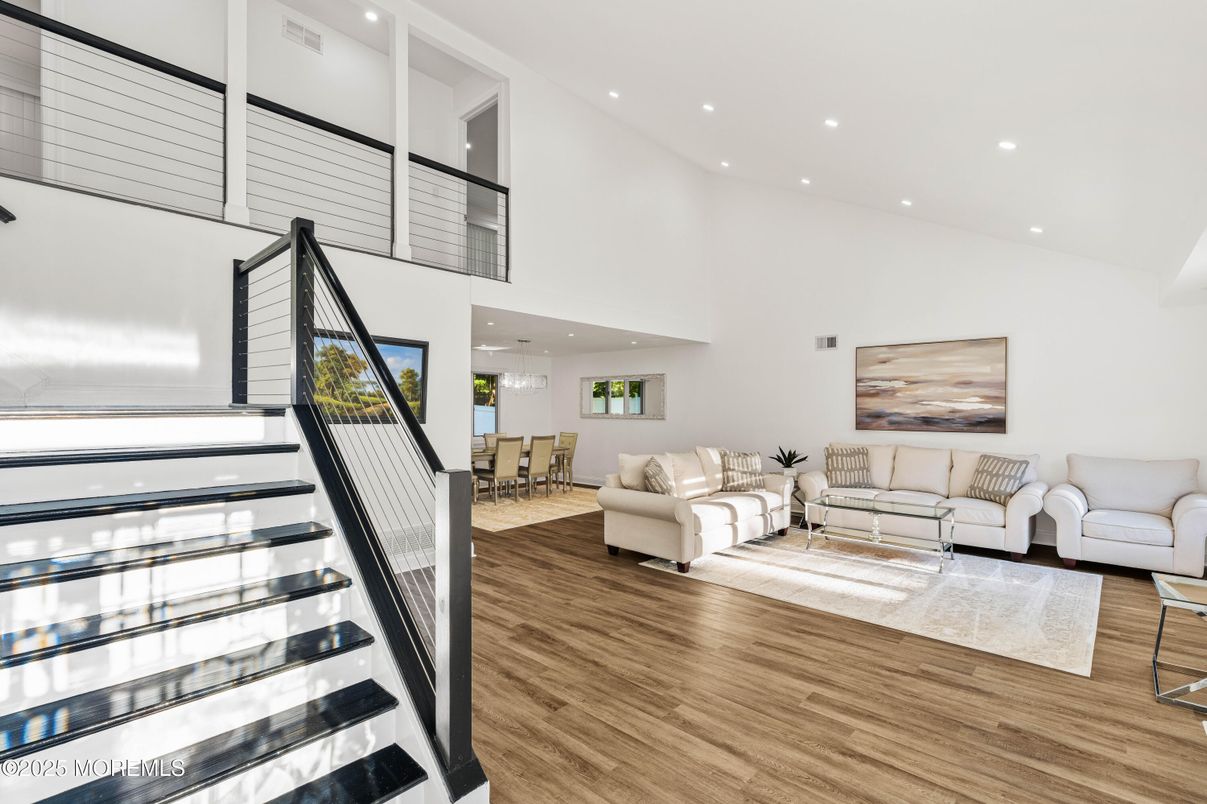 Dining room, Interior, Living room, Recessed Lighting, Wood Texture Flooring