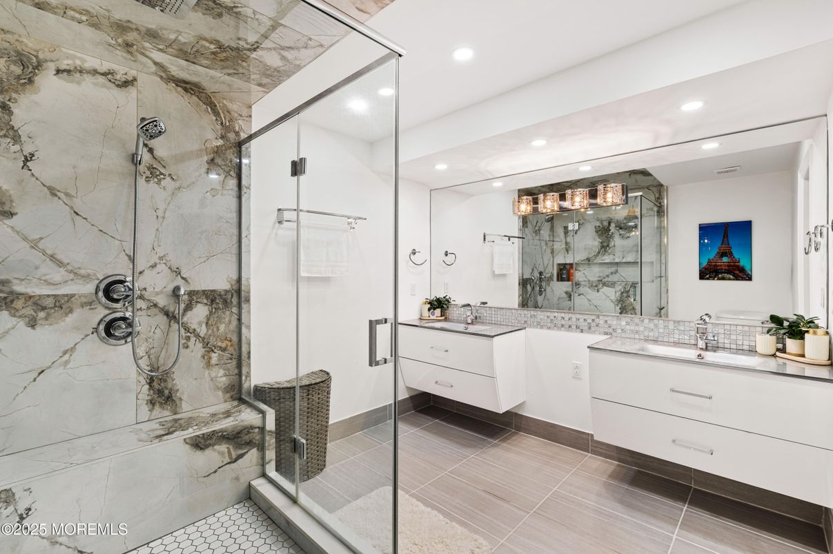 Bathroom, Glass Shower, Interior, Marble Walls, Recessed Lighting