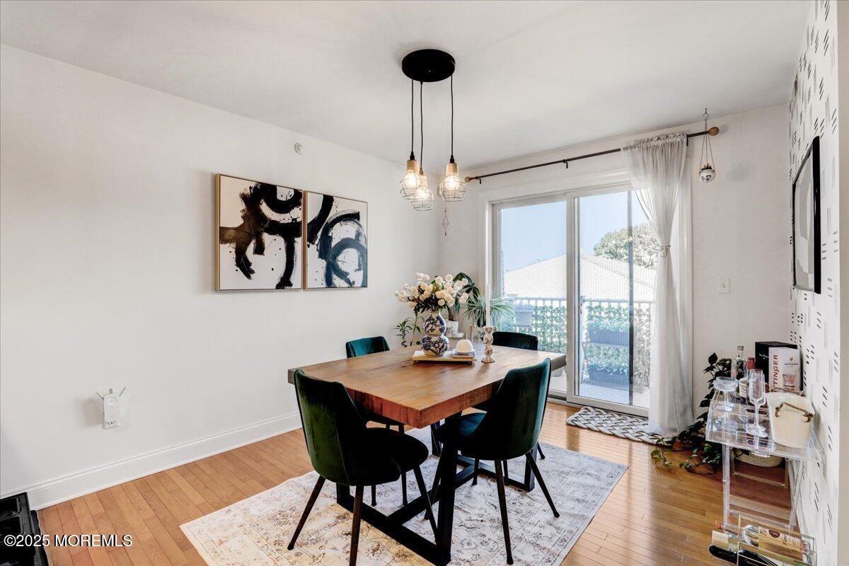 Dining room, Interior, Pendant Lights, Wood Texture Flooring