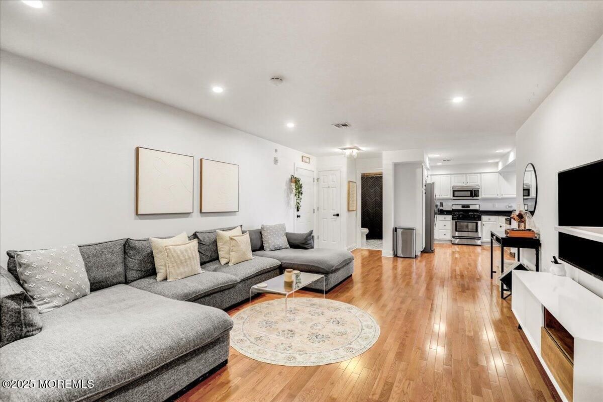 Interior, Kitchen, Living room, Recessed Lighting, Stainless Steel Appliances, Wood Texture Flooring
