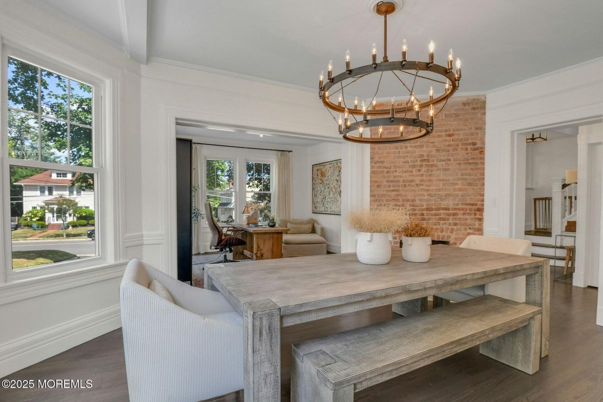 Chandelier, Dining room, Interior, Pendant Lights, Stone Walls, Wood Texture Flooring