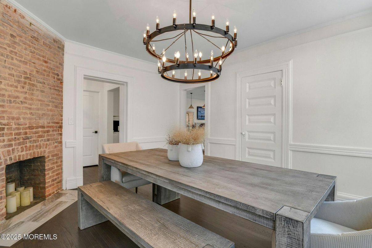 Fireplace, Interior, Pendant Lights, Stone Walls, Wood Texture Flooring