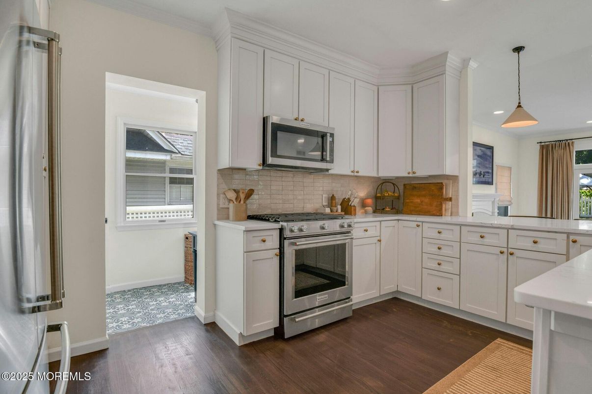 Interior, Kitchen, Pendant Lights, Recessed Lighting, Stainless Steel Appliances, Wood Texture Flooring