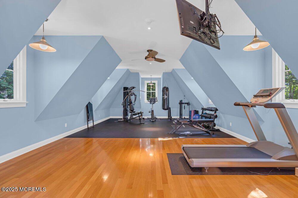 Fitness Equipment, Interior, Pendant Lights, Wood Texture Flooring