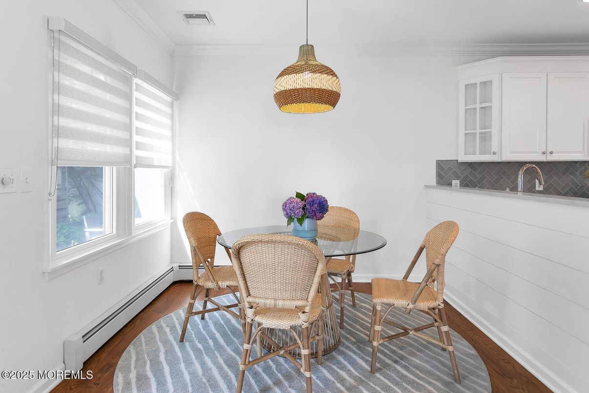 Dining room, Interior, Pendant Lights, Wood Texture Flooring