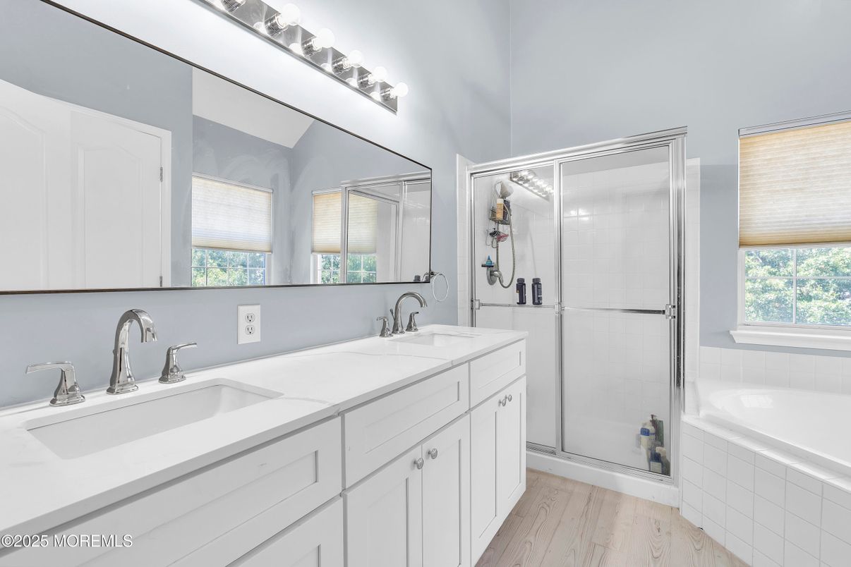 Bathroom, Dual Sink Vanities, Glass Shower, Interior, Wood Texture Flooring