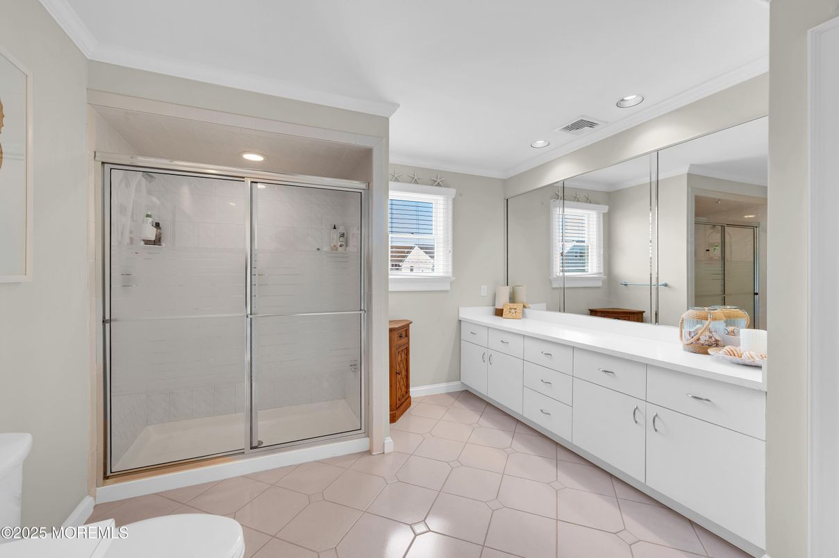 Bathroom, Dual Sink Vanities, Glass Shower, Interior, Recessed Lighting