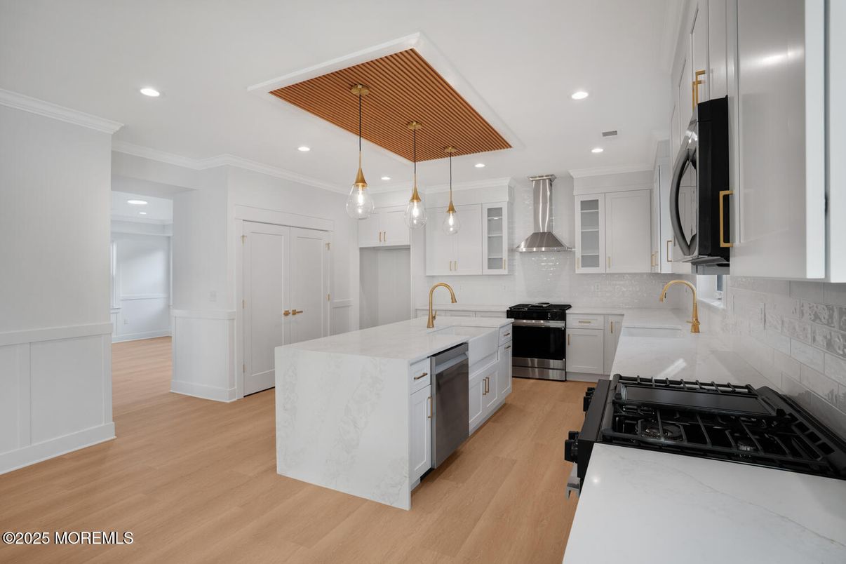 Interior, Kitchen, Pendant Lights, Recessed Lighting, Stainless Steel Appliances, Wood Texture Flooring