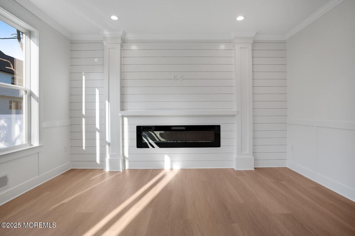 Empty room, Fireplace, Interior, Recessed Lighting, Wood Texture Flooring