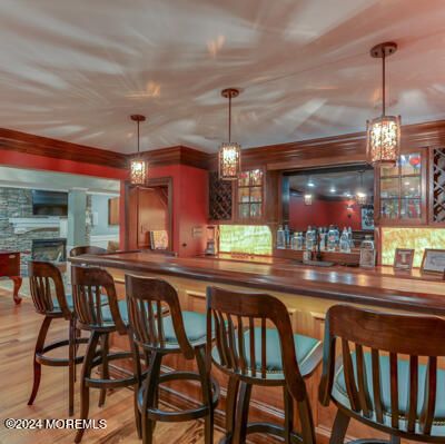 Fireplace, Interior, Pendant Lights, Stone Walls, Wood Texture Flooring