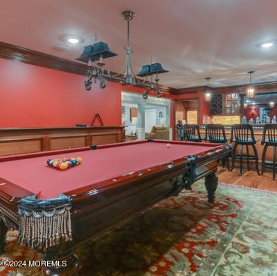 Billiard Table, Game Room, Interior, Pendant Lights, Recessed Lighting, Wood Texture Flooring