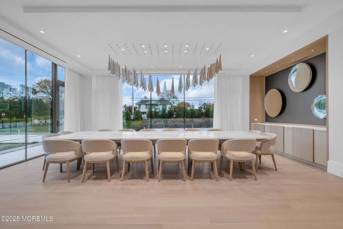Dining room, Interior, Pendant Lights, Recessed Lighting, Wood Texture Flooring