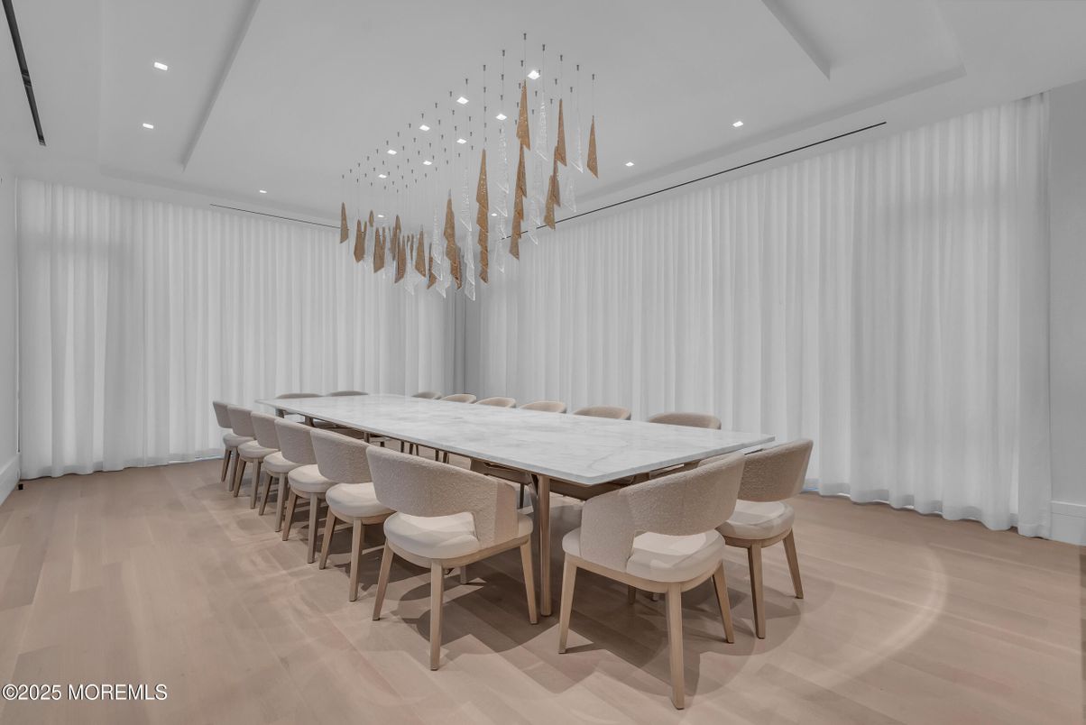 Dining room, Interior, Pendant Lights, Recessed Lighting, Wood Texture Flooring