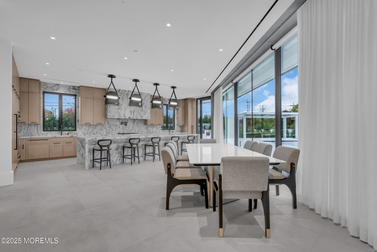 Dining room, Interior, Kitchen, Marble Walls, Pendant Lights, Recessed Lighting