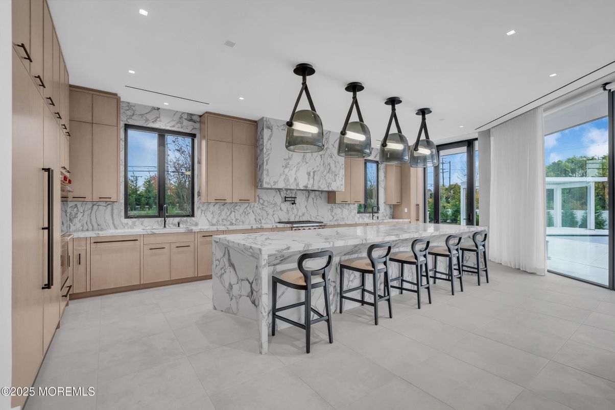 Interior, Kitchen, Marble Walls, Pendant Lights, Recessed Lighting