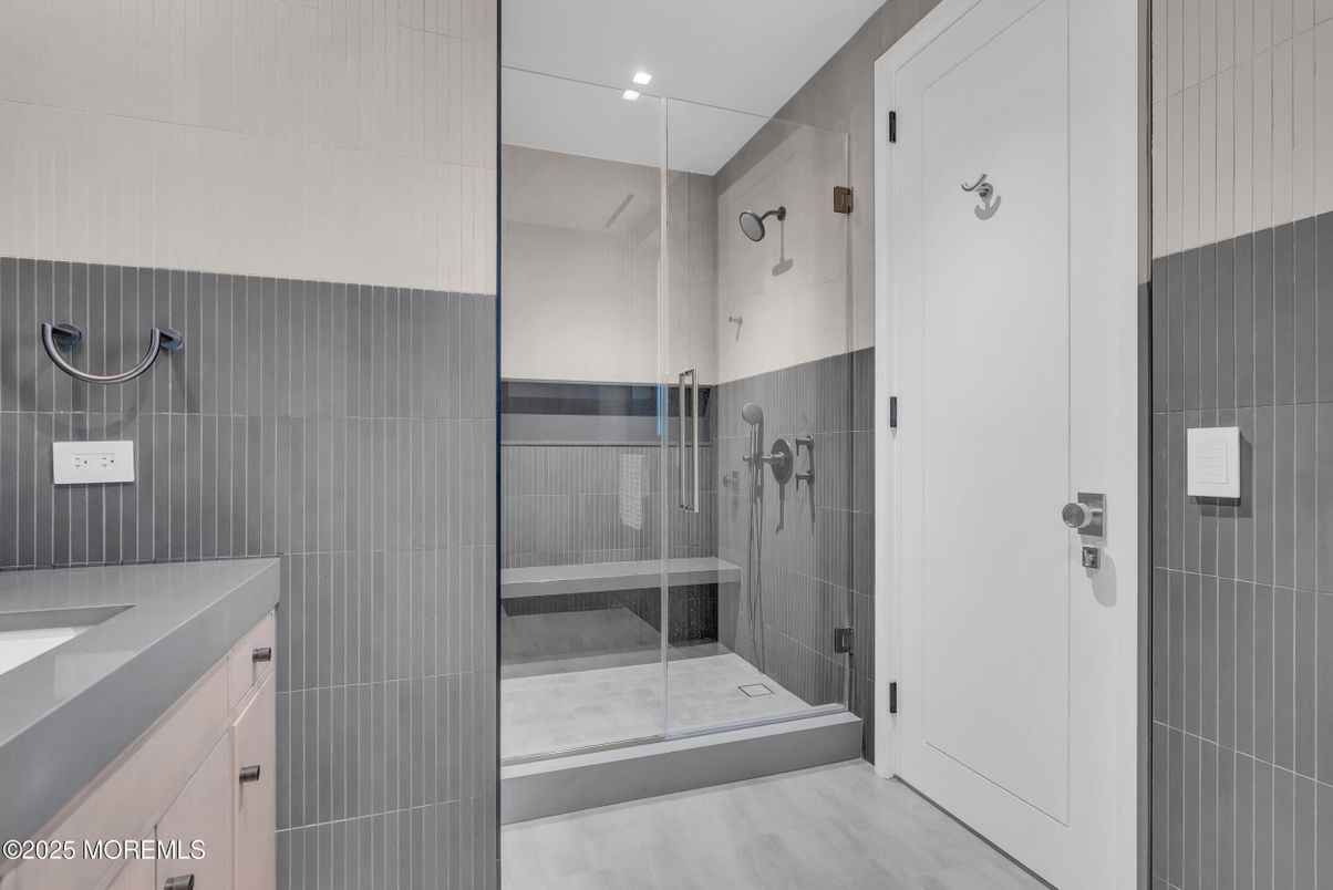 Bathroom, Glass Shower, Interior, Recessed Lighting, Wood Texture Flooring
