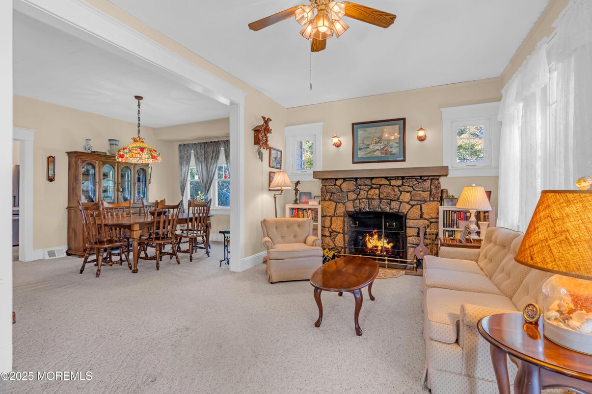 Dining room, Fireplace, Interior, Living room, Pendant Lights