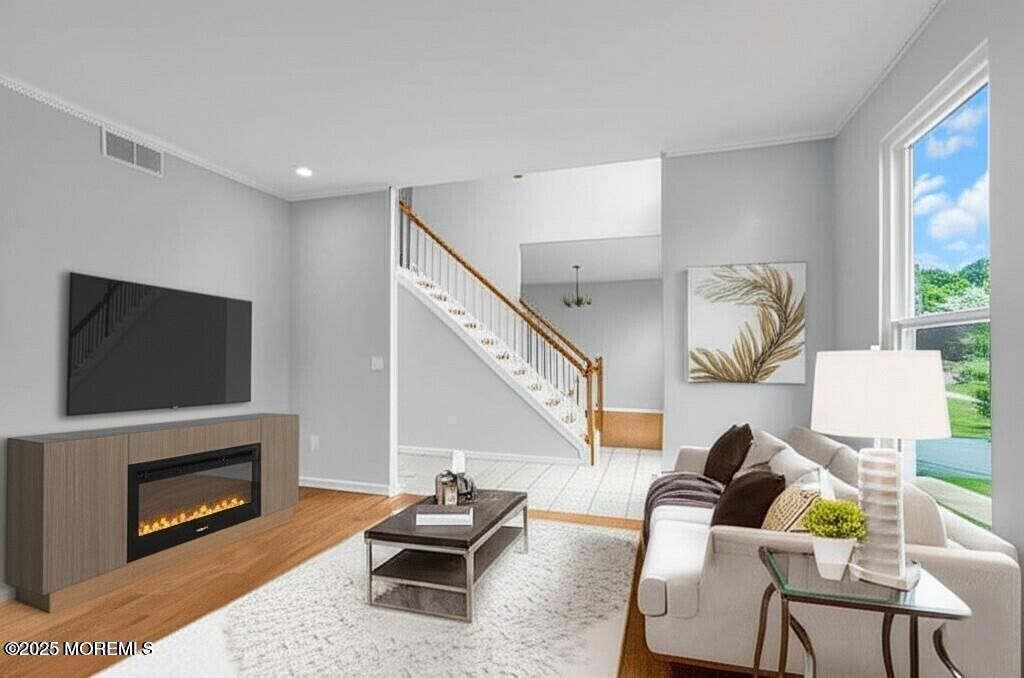 Fireplace, Interior, Living room, Recessed Lighting, Wood Texture Flooring
