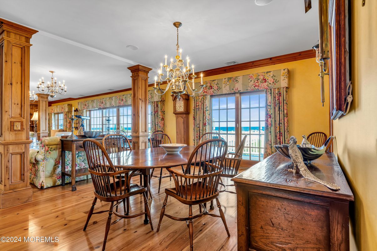 Chandelier, Dining room, Interior, Wood Texture Flooring